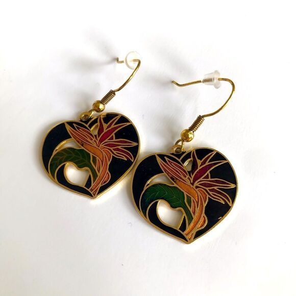 Cloisonné Tropical Flower Heart Shaped Vintage Pierced Earrings - Picture 7 of 14